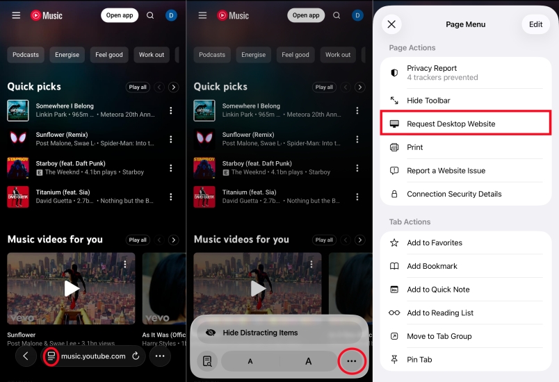 set request desktop website for youtube music on iphone