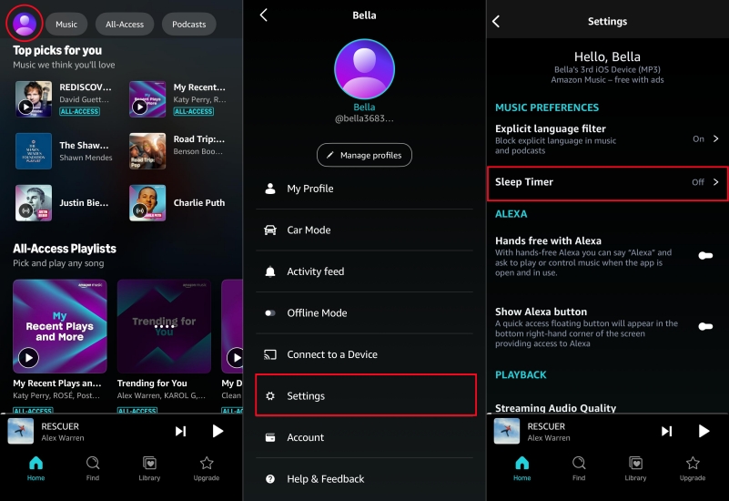 disable sleep timer in amazon music