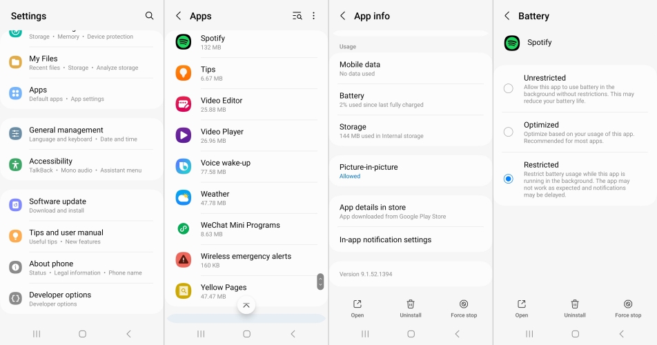 set spotify battery settings on android