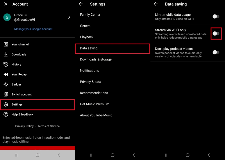 set stream via wifi only for youtube music