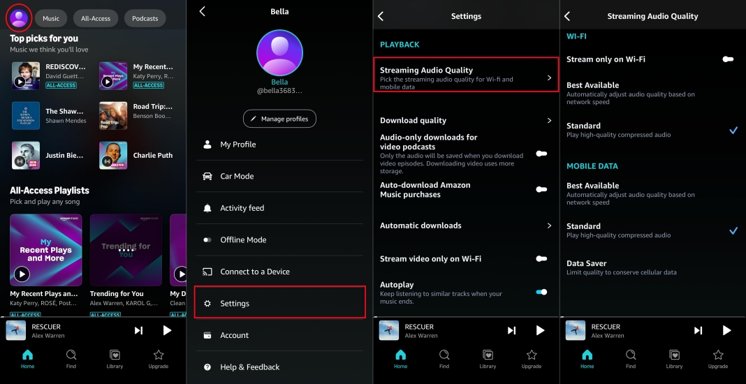 set streaming audio quality in amazon music