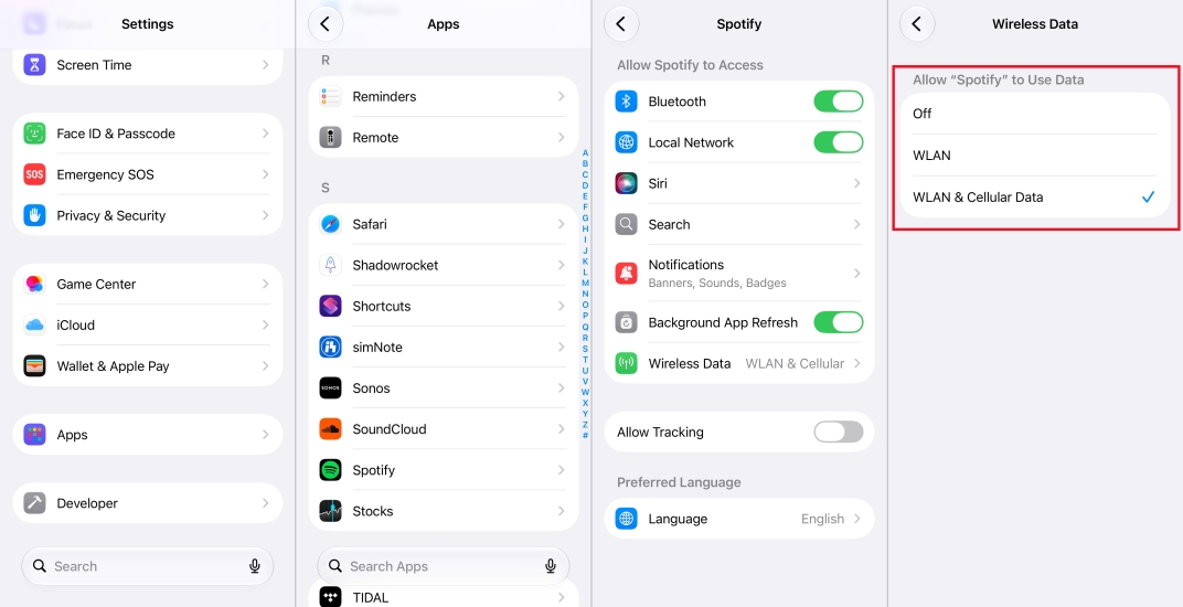 set wireless data for spotify on iphone