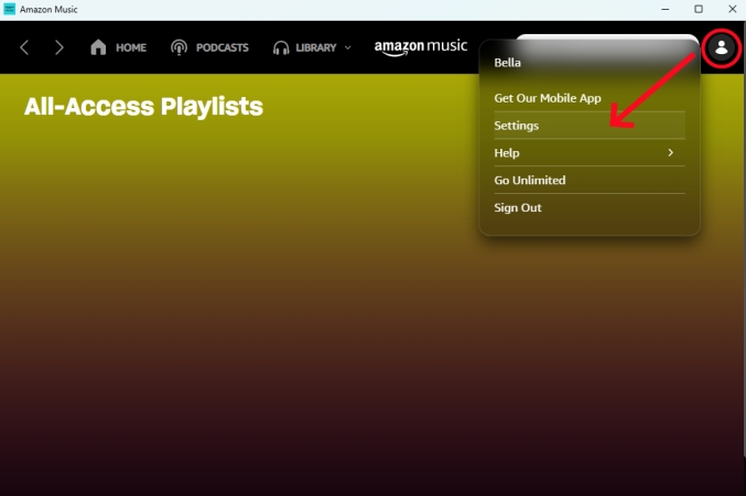 click settings on amazon music for desktop