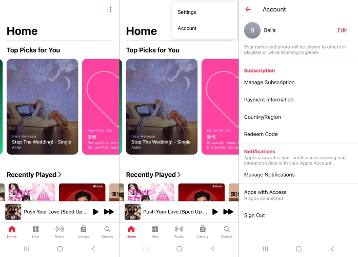 sign out apple music on android