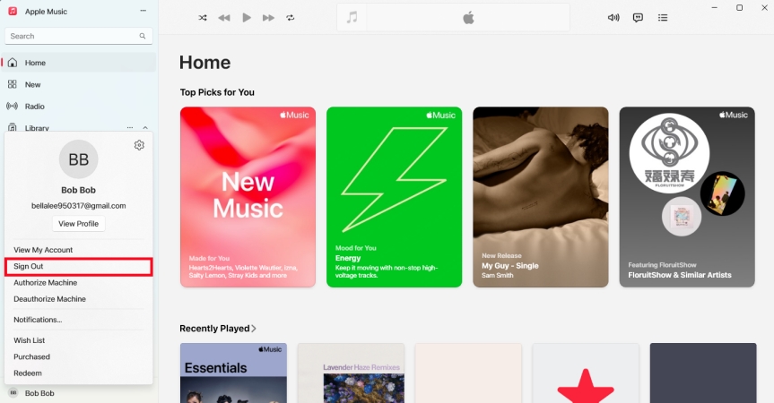 sign out apple music on pc