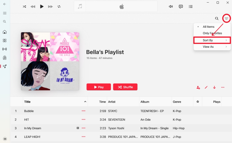 sort by apple music playlist on windows pc