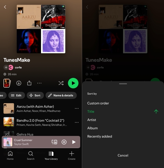 sort song in spotify playlist on phone