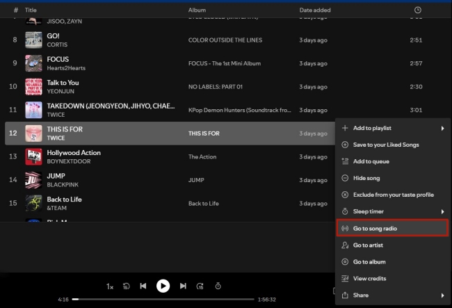 spotify go to song radio