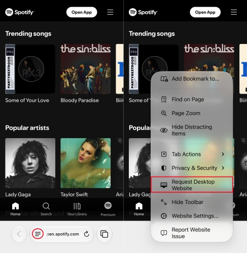 spotify request desktop website
