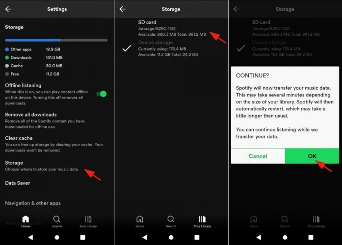 switch spotify sd card storage to device storage