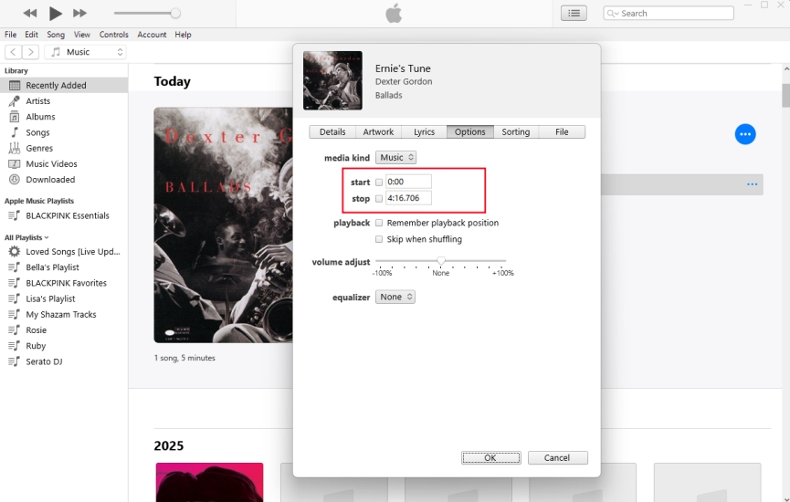 set time of start and stop in itunes