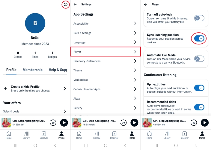 turn on sync listening position in audible