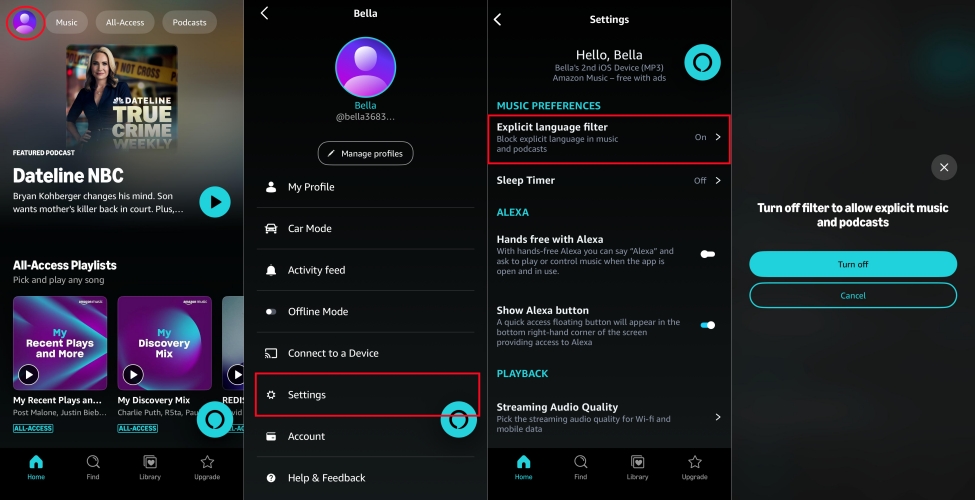 turn off explicit content in amazon music