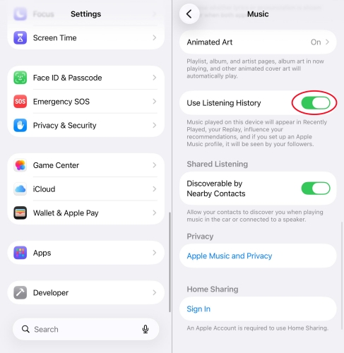 use listening history in apple music on iphone